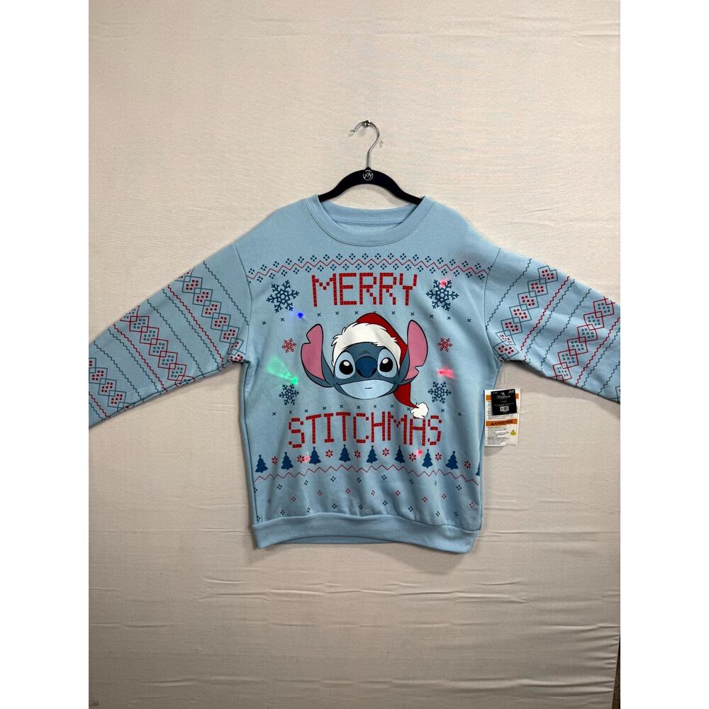 Disney Stitch Merry Stitchmas Christmas Sweatshirt Mens Large Blue Crew Neck - Picture 5 of 11